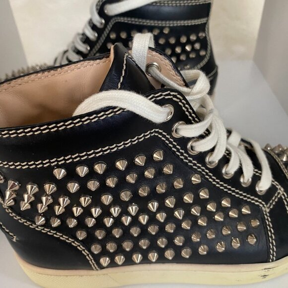 AUTH Christian Louboutin Black Louis Flat Calf Stud Spike Hi Top Sneakers 37.5 - Picture 3 of 12